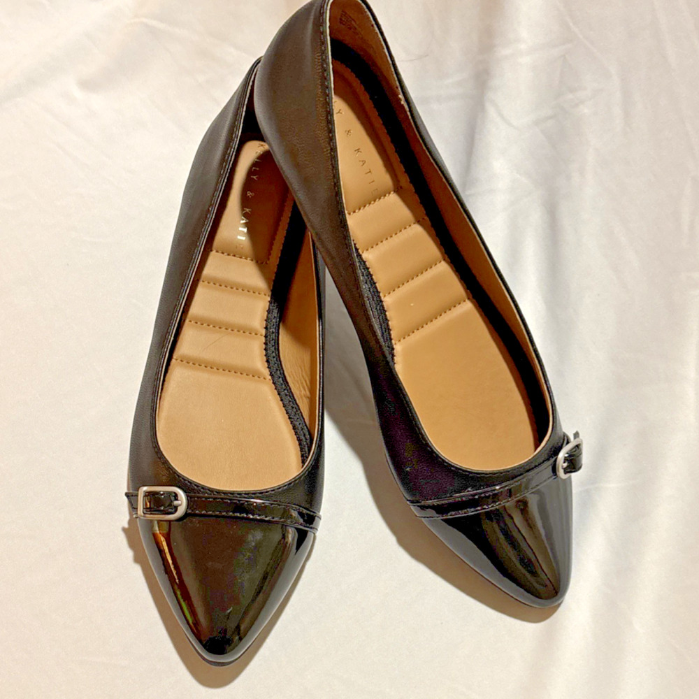 Kelly & Katie Black Pointed Toe Flats with Buckle Accent Patent Cap, Women's 7.5
